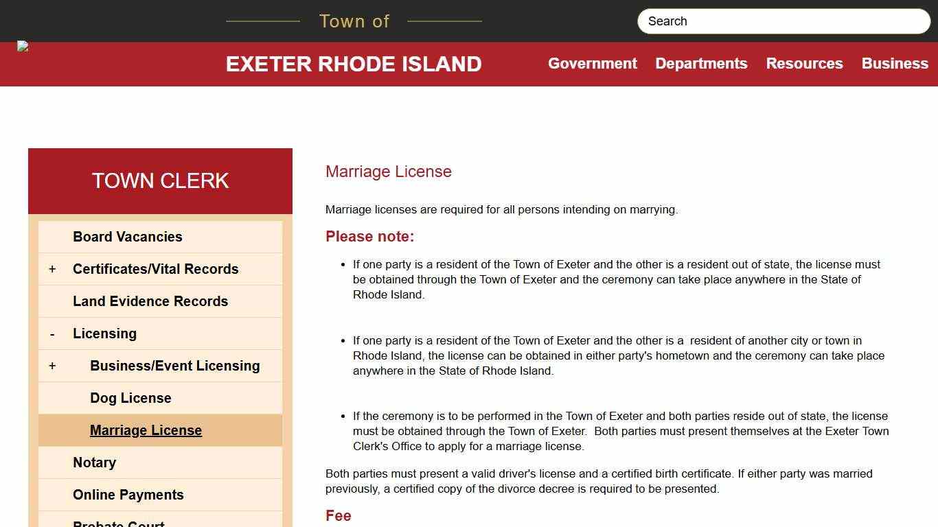 Marriage License Exeter, RI