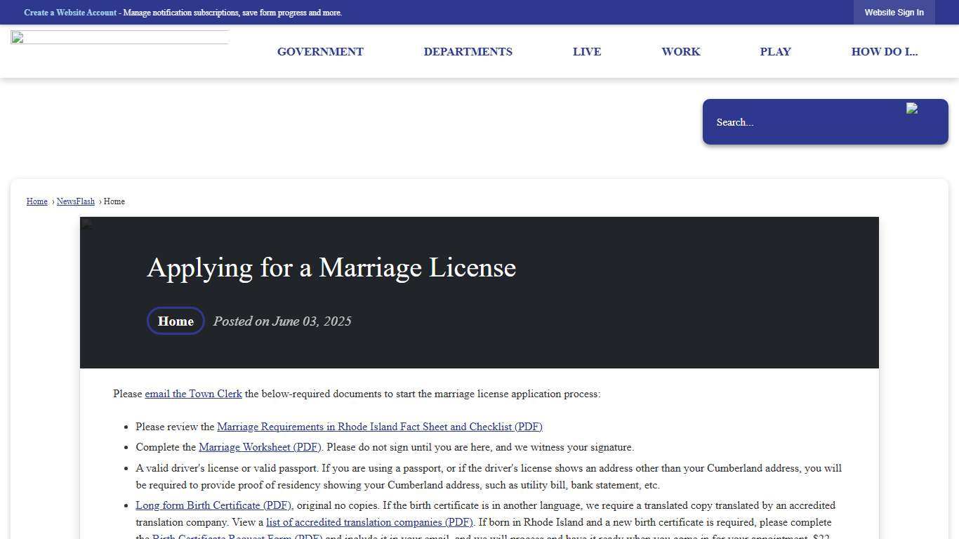 Applying for a Marriage License • Cumberland, RI